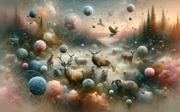 A stunning HD desktop wallpaper depicting wildlife amidst an ethereal landscape filled with floating planets and abstract shapes, blending nature with cosmic elements.