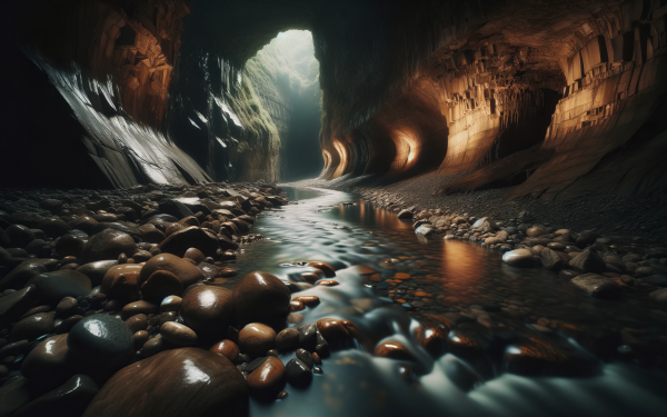 HD wallpaper of a serene underground river flowing through a majestic cave with smooth pebbles and dramatic lighting.