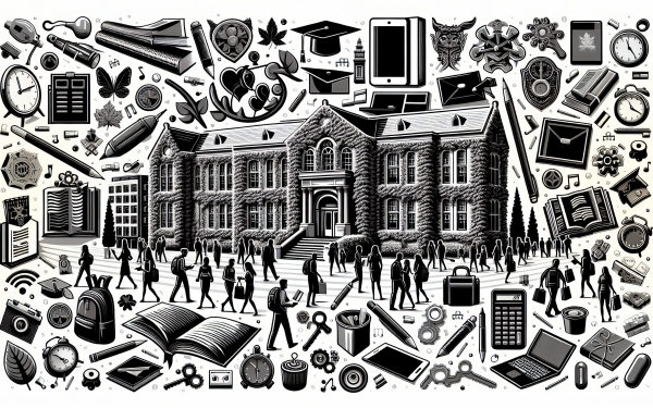 Monochrome HD wallpaper featuring a college campus scene with students and educational icons for a dynamic desktop background.