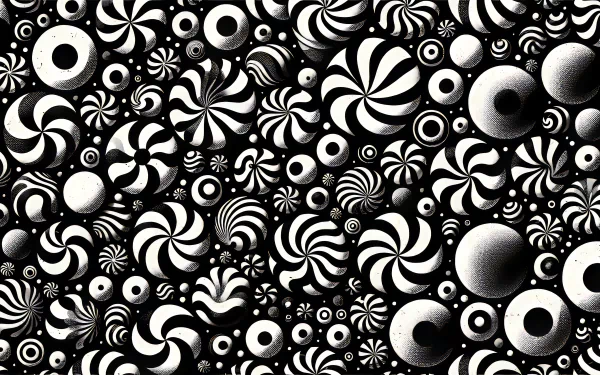 HD Peppermint-themed desktop wallpaper with a black and white swirling candy pattern background.