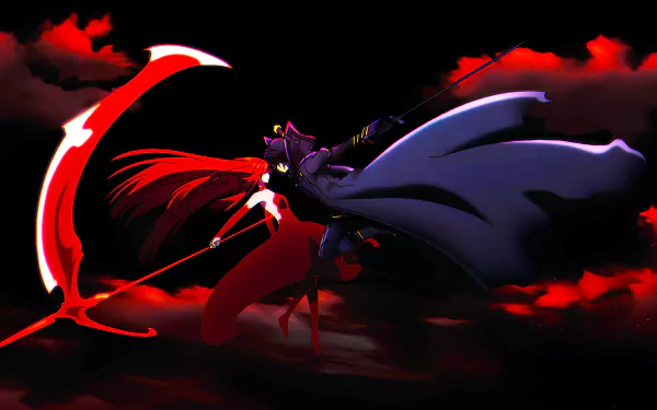 An intense 8K Ultra HD wallpaper featuring Cid Kagenou from The Eminence in Shadow wielding a glowing red scythe against a dark, ominous background.