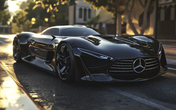 HD wallpaper of a sleek Mercedes-Benz car parked on a street, showcasing the vehicle's design and luxury appeal.