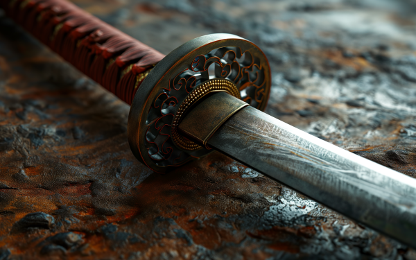 Close-up of a katana (Samurai sword) on textured surface, ideal for HD desktop wallpaper and background.