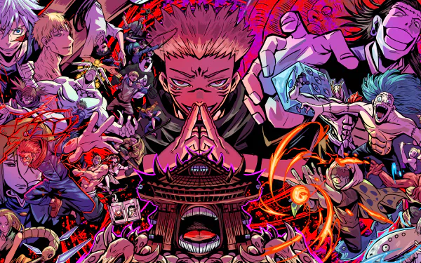 HD desktop wallpaper and background featuring intense battle scenes from Jujutsu Kaisen, showcasing the epic clash between Gojo and Sukuna with vibrant and dynamic anime visuals.