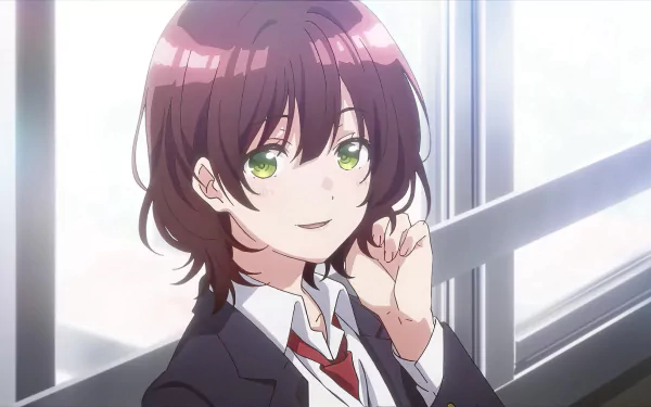 Anime girl from Bottom-Tier Character Tomozaki smiling with sparkling eyes, HD desktop wallpaper.