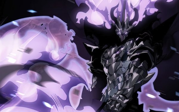 HD Anime Wallpaper featuring a dynamic Solo Leveling character with black armor and purple magical energy swirling around.