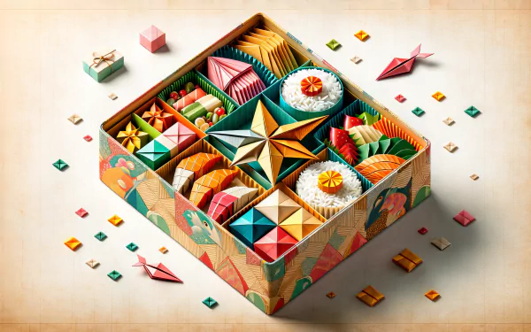 Colorful origami bento box HD wallpaper featuring an array of intricate paper designs on a textured background.