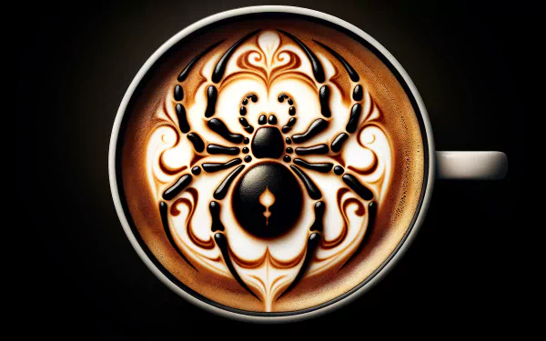 HD desktop wallpaper of a latte with intricate black widow spider art.