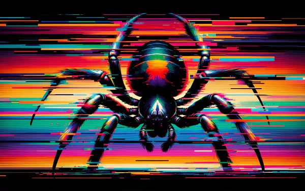 HD desktop wallpaper featuring a stylized image of a black widow spider set against a vibrant glitch art background.