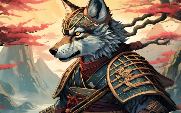 A majestic wolf in samurai armor, depicted in high definition, set as a desktop wallpaper and background.