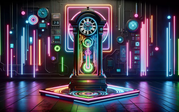 Futuristic neon-lit grandfather clock HD wallpaper with a vibrant cyberpunk aesthetic for a desktop background.