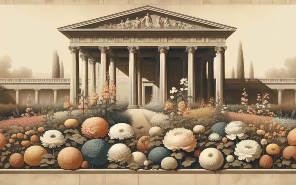 HD wallpaper featuring an artistic rendition of a lush flower garden bed in front of a neoclassical building with intricate friezes.