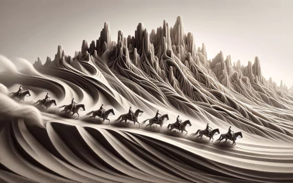 Horseback riders traversing surreal sepia-toned landscape, HD wallpaper.