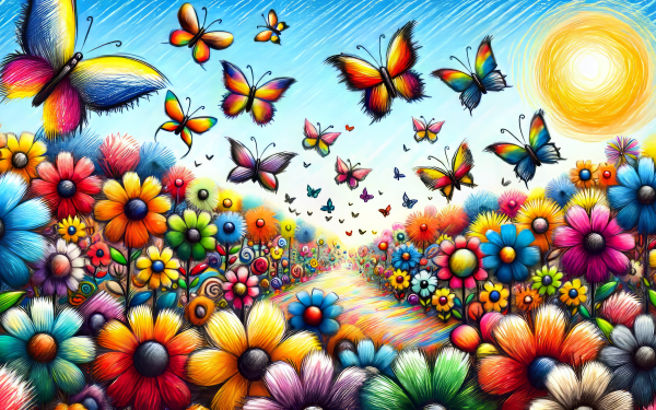 Colorful HD wallpaper featuring vibrant butterflies flying over a blooming garden with a sunny sky, perfect for desktop background.