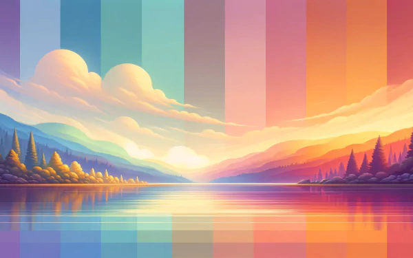 Colorful HD inspirational landscape wallpaper featuring serene lake, sunrise, and forest.