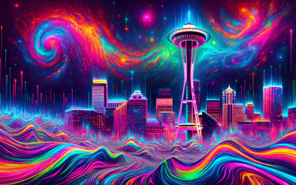 HD desktop wallpaper featuring a vibrant, psychedelic rendition of the Space Needle set against a dynamic cosmic backdrop.