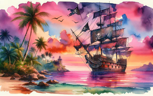 HD wallpaper featuring a vibrant painting of a classic ship at sea near a tropical island with palm trees during sunset.