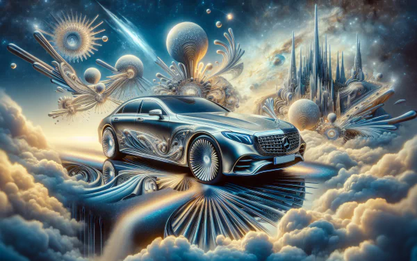 HD desktop wallpaper featuring a Mercedes-Benz car in a surreal sci-fi landscape with clouds and celestial objects.