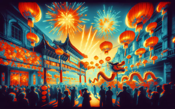 Vibrant Chinese New Year celebration HD wallpaper with fireworks, traditional lanterns, and a dragon dance amidst a bustling street crowd.