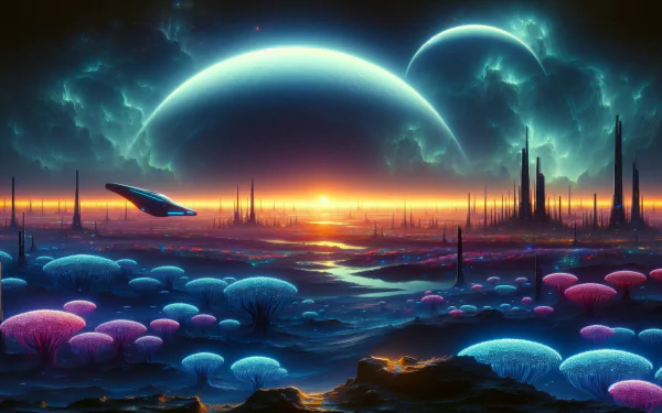 HD Sci-Fi Desktop Wallpaper Featuring Futuristic Landscape with Glowing Mushrooms and Spaceship.