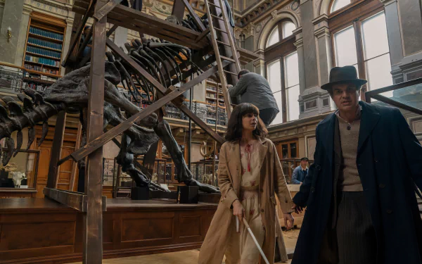 HD wallpaper featuring two characters from the TV show 'All the Light We Cannot See' walking through a museum with a dinosaur skeleton in the background.