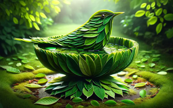 Artistic HD wallpaper featuring a bird-shaped bird bath made of green leaves in a serene forest setting.