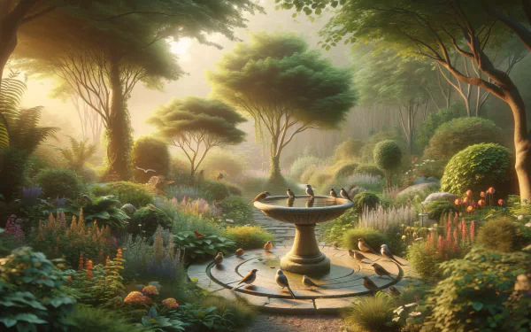 Enchanting HD desktop wallpaper featuring a bird bath surrounded by lush gardens and vibrant flowers, evoking a serene and magical atmosphere.
