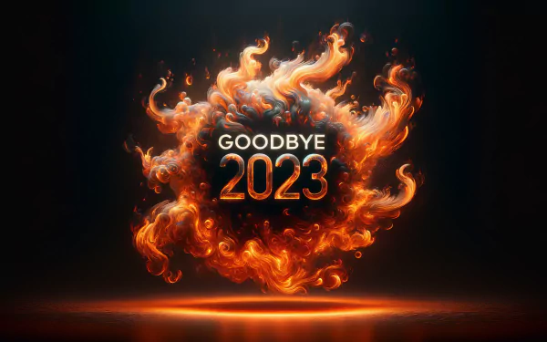 HD desktop wallpaper featuring a fiery design with the text GOODBYE 2023, set against a dark background, embodying a vibrant farewell to the year.