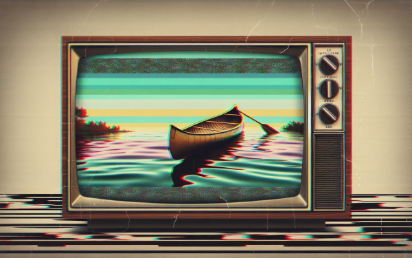 HD desktop wallpaper featuring a vintage television displaying a canoe on tranquil water with retro effects.