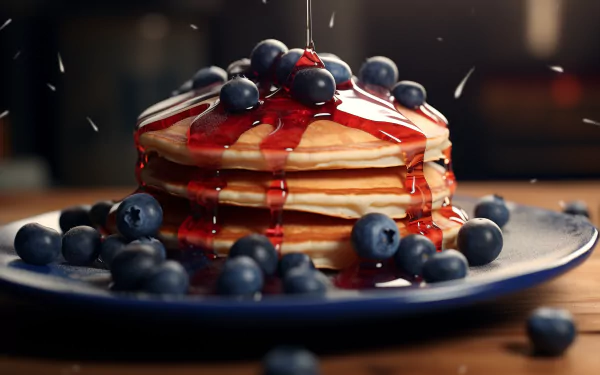 HD wallpaper featuring a stack of blueberry pancakes topped with syrup and fresh blueberries on a blue plate.