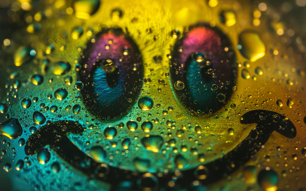 HD wallpaper of a colorful smiling happy face abstract design with water droplets for a cheerful desktop background.