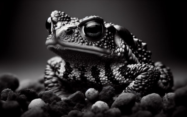 HD black and white wallpaper of a detailed toad resting on textured ground, perfect for a desktop background.