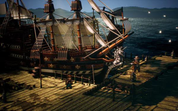 HD wallpaper of Octopath Traveler II featuring a scene with a character on a harbor beside a ship at dusk.