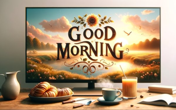 HD desktop wallpaper featuring a Good Morning message with a serene sunrise landscape, accompanied by a breakfast setup with coffee and pastries.