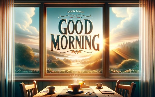 HD wallpaper featuring a sunrise view from a window with the text 'Good Morning,' ideal for a positive desktop background.