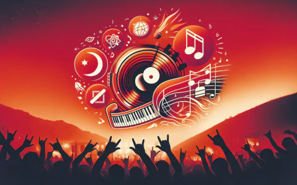 Creative music-themed HD wallpaper featuring vibrant concert silhouette with abstract musical elements and warm sunset background.