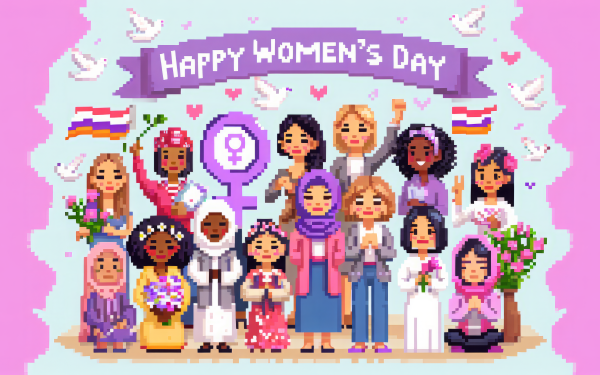 Happy Women's Day illustrated HD desktop wallpaper featuring diverse animated women characters celebrating with flowers and symbols of female empowerment.
