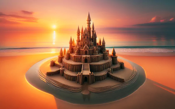 A stunning sandcastle towers against a vibrant sunset, reflecting on calm ocean waters, making for an enchanting HD desktop wallpaper.