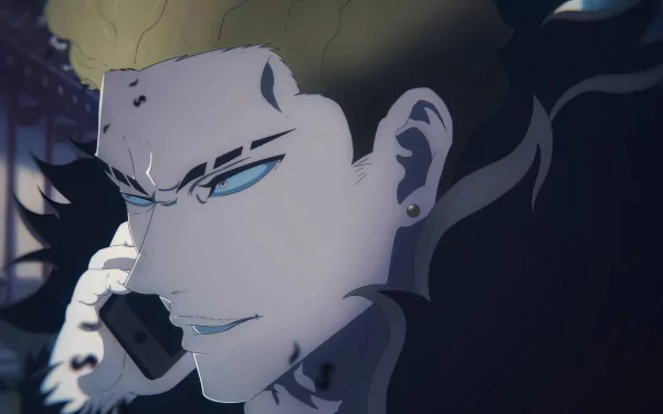 A striking HD wallpaper featuring Kinji Hakari from the anime Jujutsu Kaisen, showcasing his intense expression and phone call in a dynamic, engaging scene.