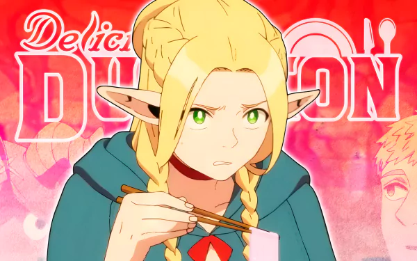 Anime character with pointed ears eating, Delicious in Dungeon theme, for HD desktop wallpaper and background.
