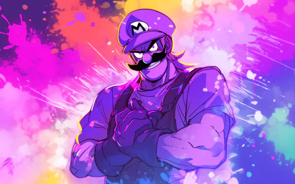 HD desktop wallpaper featuring Waluigi with colorful splash background.
