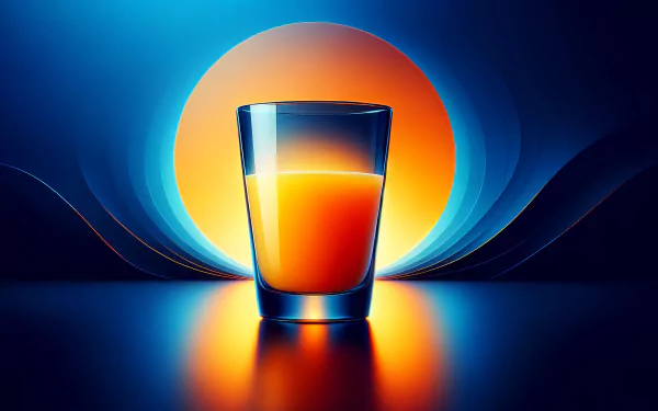 HD desktop wallpaper featuring a vibrant glass of orange juice with an illuminated orange and blue background.
