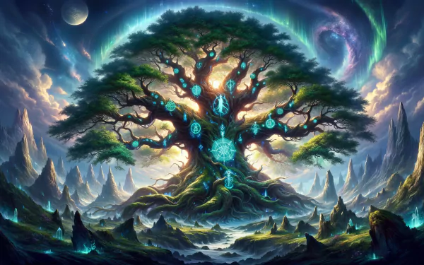 Fantasy HD wallpaper of the mythical Yggdrasil tree with vibrant colors and mystical landscape for desktop background.