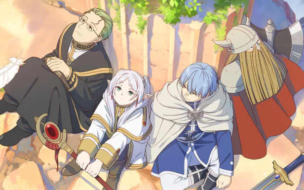 HD desktop wallpaper featuring characters Frieren and Himmel from the anime Frieren: Beyond Journey's End, relaxing together in a serene forest setting.