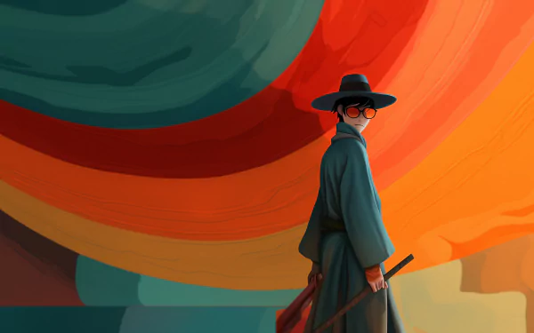 HD wallpaper featuring an artistic rendition of a Blue Eye Samurai with a vibrant abstract background.