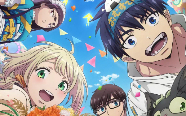 HD desktop wallpaper featuring Rin Okumura and characters from Blue Exorcist anime in a vibrant and dynamic pose for fans and enthusiasts.