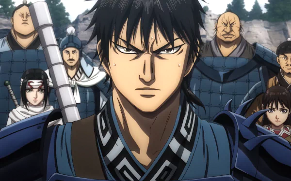 HD wallpaper featuring Shin from the anime Kingdom, surrounded by his allies, showcasing determination and strength in a dramatic scene.
