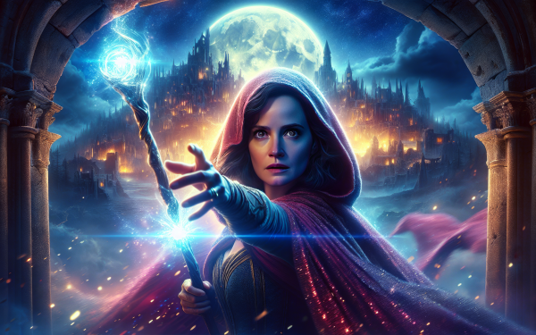 Enchanting HD wallpaper featuring a mystical sorceress casting a spell with a magical wand, set against a sprawling fantasy castle under a full moon, perfect for desktop and background use.