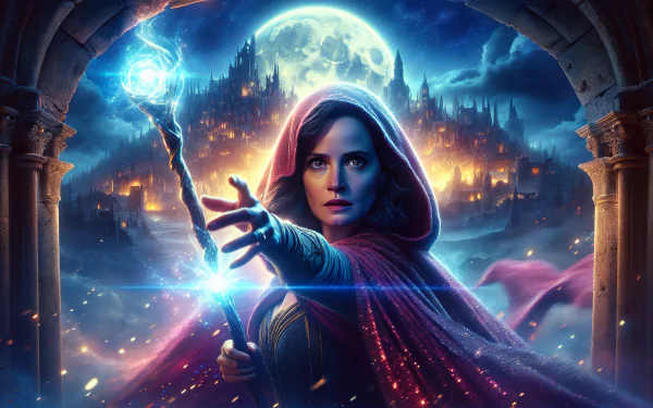 A captivating HD desktop wallpaper featuring a spellcaster in a hooded cloak, wielding a glowing staff against a mystical background with a full moon and a mystical city.