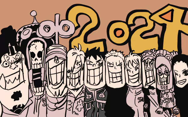 HD desktop wallpaper of One Piece anime characters in a stylized, monochrome design with bold numbers 2024 in the background.